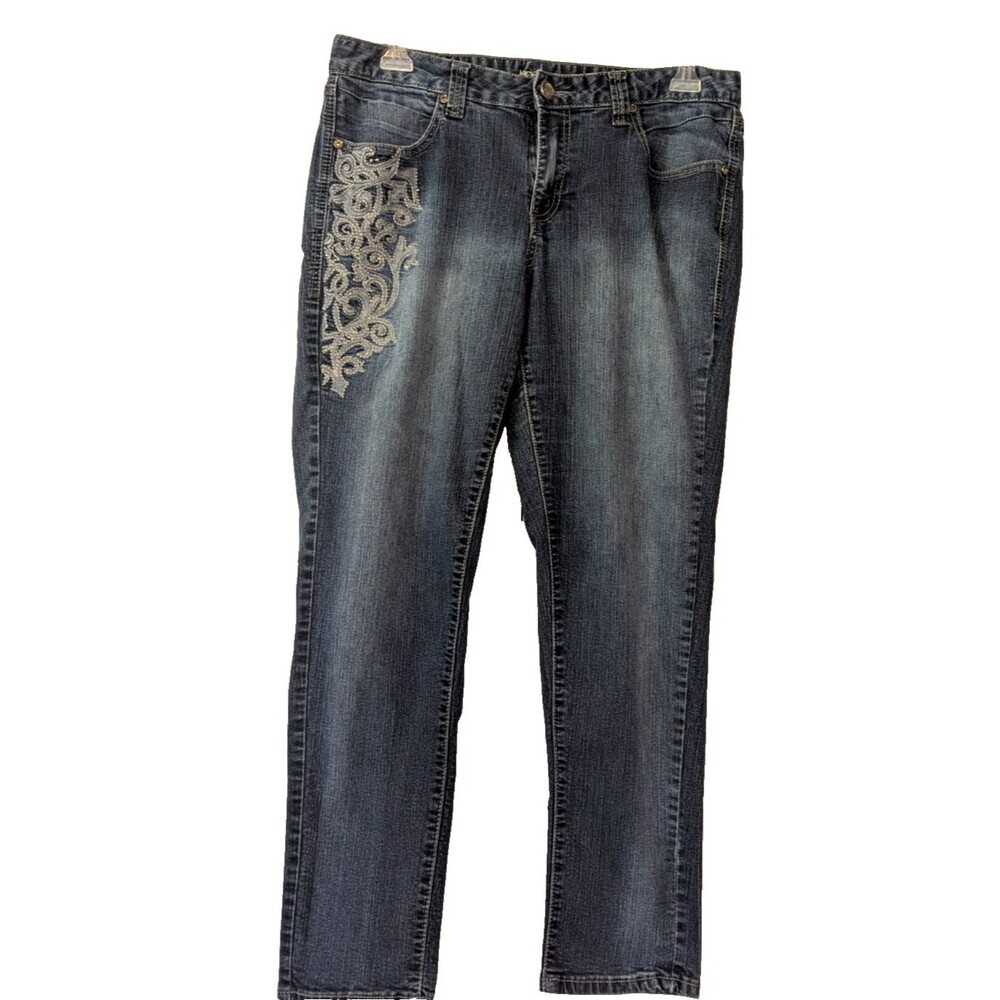 Lane Bryant Jeans 16 Dark Wash Rhinestone Silver Embroidered Y2K Plus Blue